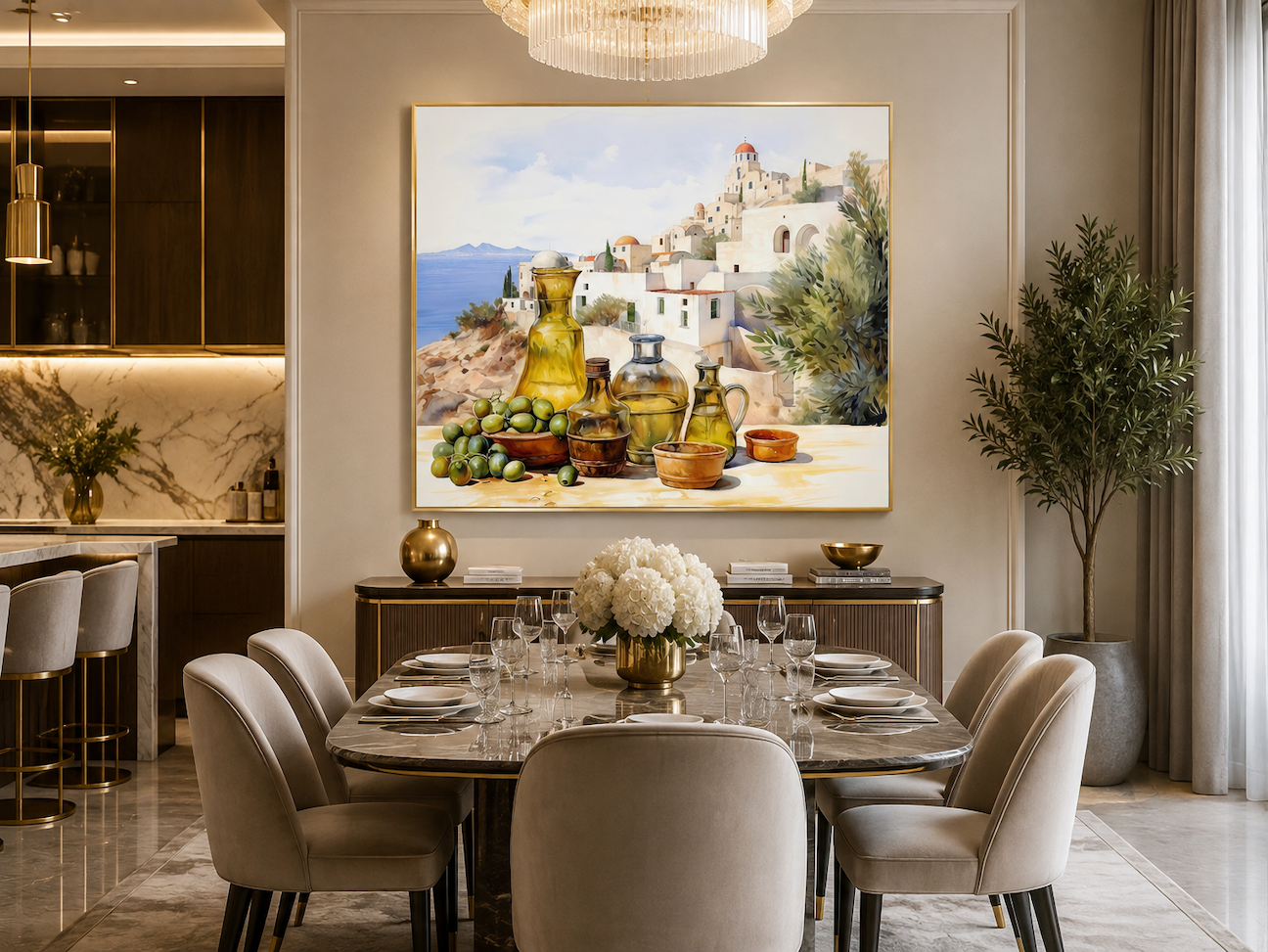 Olives And Oil Watercolor Greece Landscape Framed Canvas Wall Art For Kitchen Decor