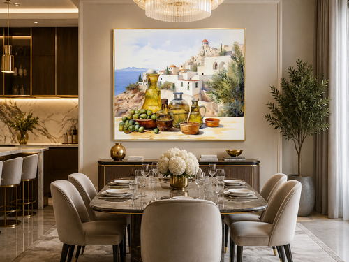 Olives And Oil Watercolor Greece Landscape Framed Canvas Wall Art For Kitchen Decor