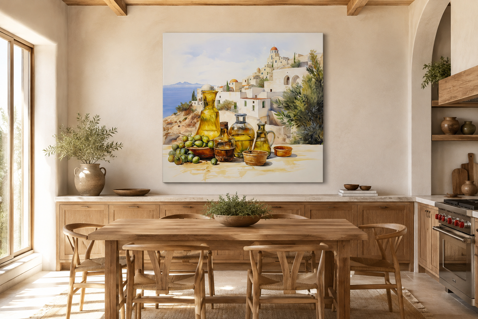 Olives And Oil Watercolor Greece Landscape Framed Canvas Wall Art For Kitchen Decor