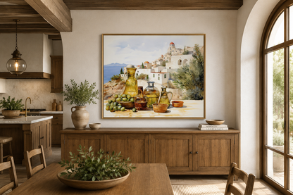Olives And Oil Watercolor Greece Landscape Framed Canvas Wall Art For Kitchen Decor