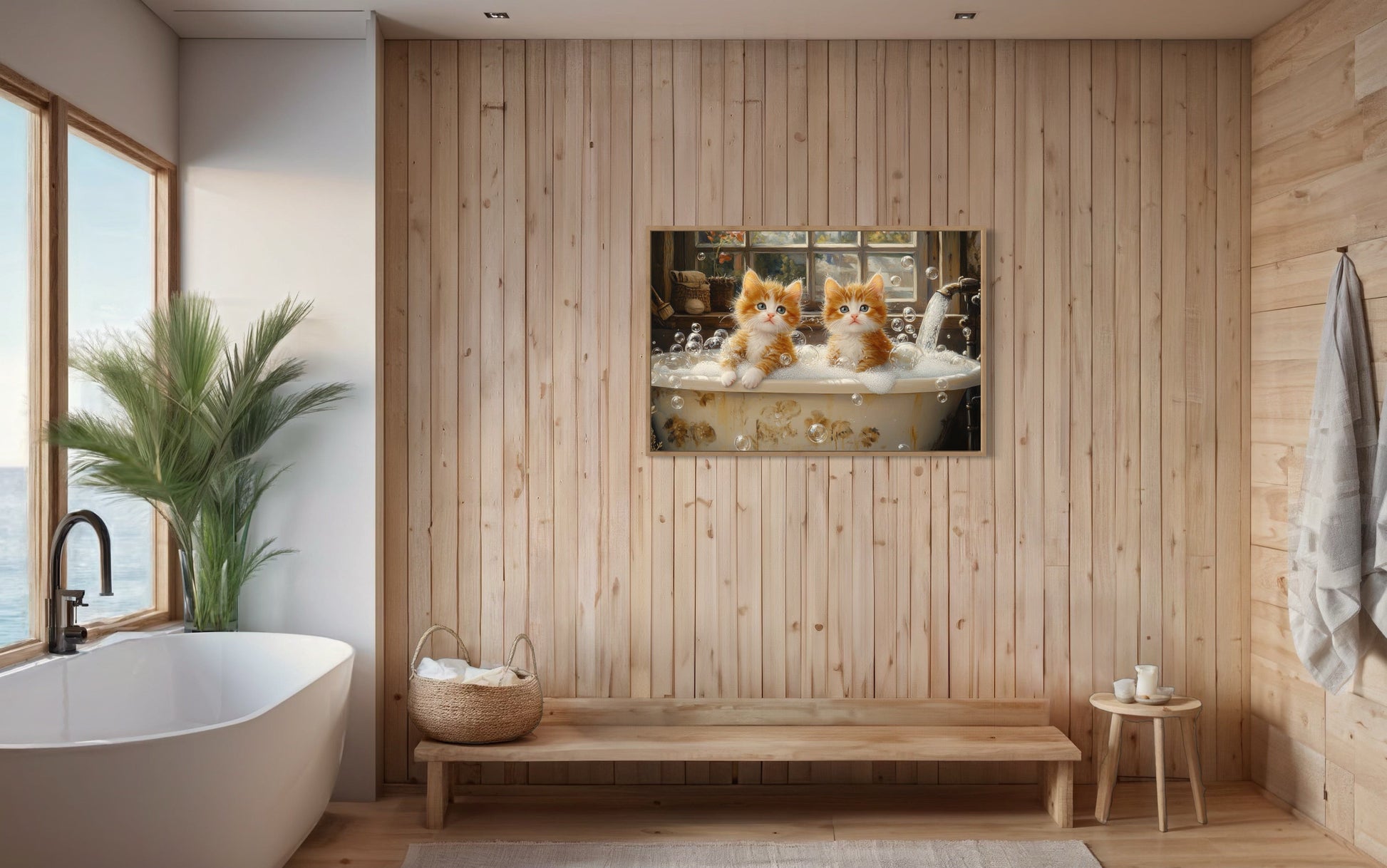 Kittens In Bathtub Framed Canvas Wall Art