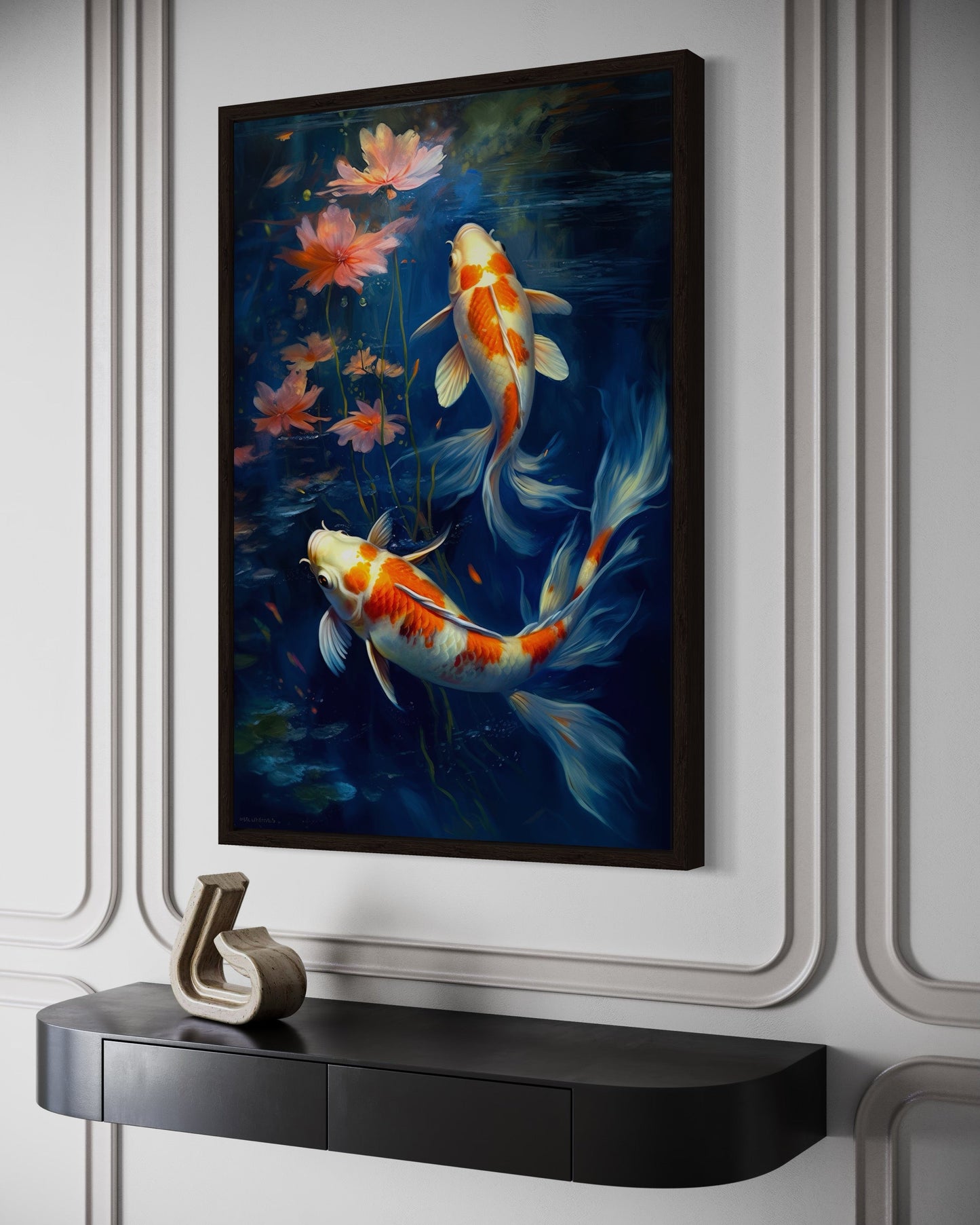 Koi Fish In Navy Blue Water Feng Shui Framed Canvas Wall Art