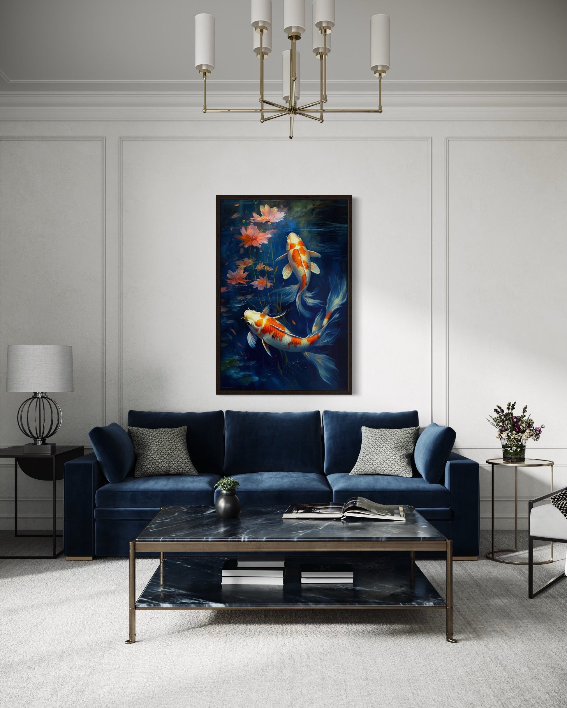 Koi Fish In Navy Blue Water Feng Shui Framed Canvas Wall Art