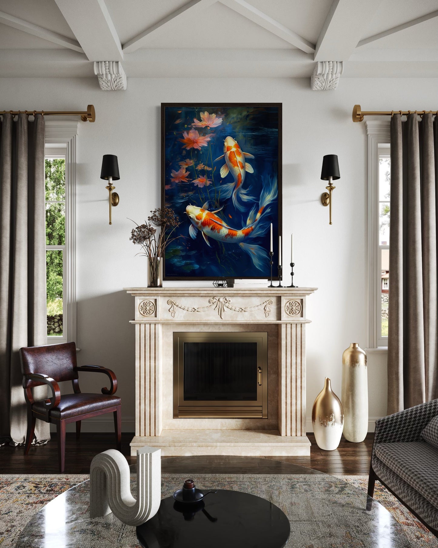 Koi Fish In Navy Blue Water Feng Shui Framed Canvas Wall Art