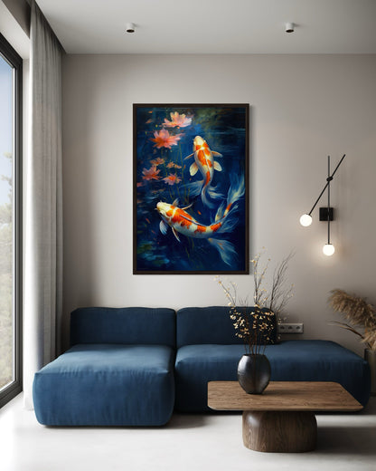 Koi Fish In Navy Blue Water Feng Shui Framed Canvas Wall Art