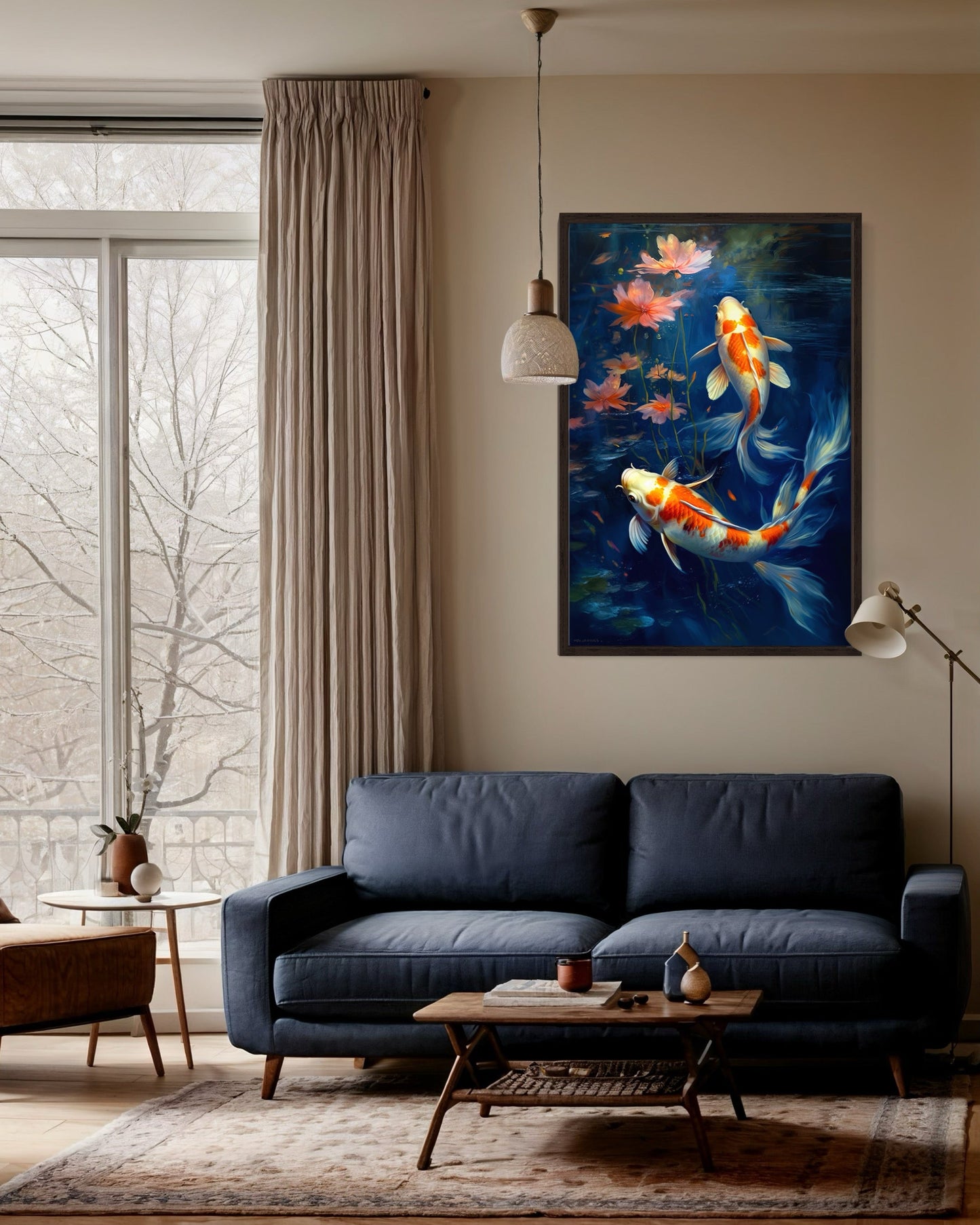 Koi Fish In Navy Blue Water Feng Shui Framed Canvas Wall Art