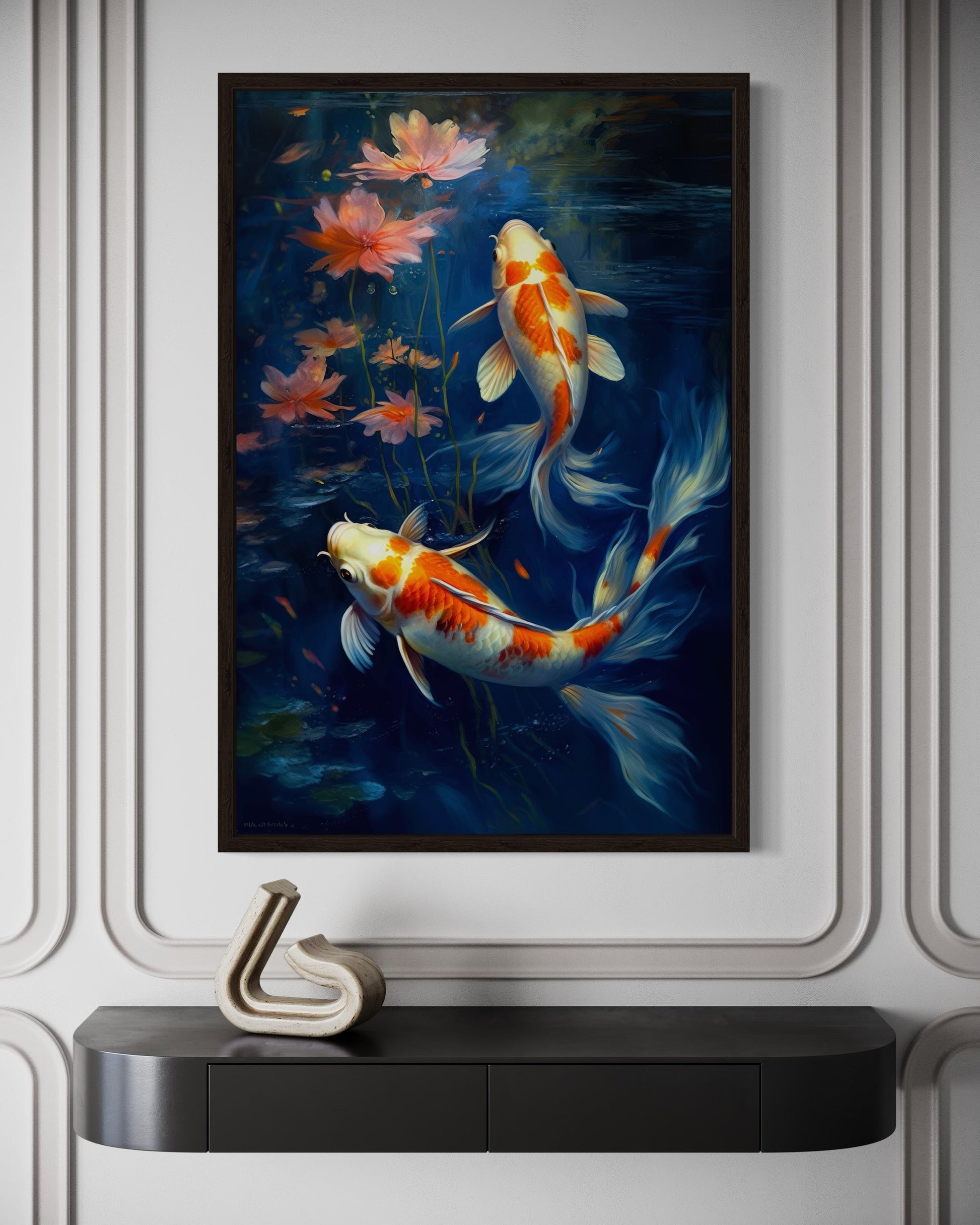 Koi Fish In Navy Blue Water Feng Shui Framed Canvas Wall Art