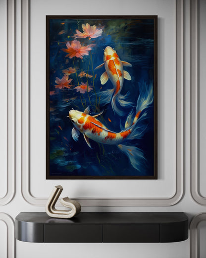 Koi Fish In Navy Blue Water Feng Shui Framed Canvas Wall Art