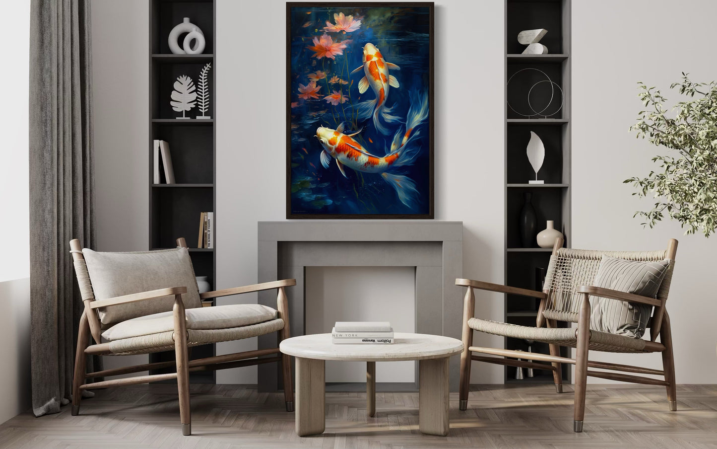 Koi Fish In Navy Blue Water Feng Shui Framed Canvas Wall Art