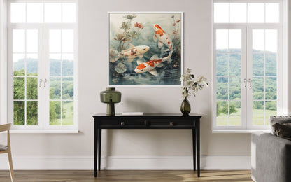 Koi Fish In Sage Green Pond Zen Square Framed Canvas Wall Art