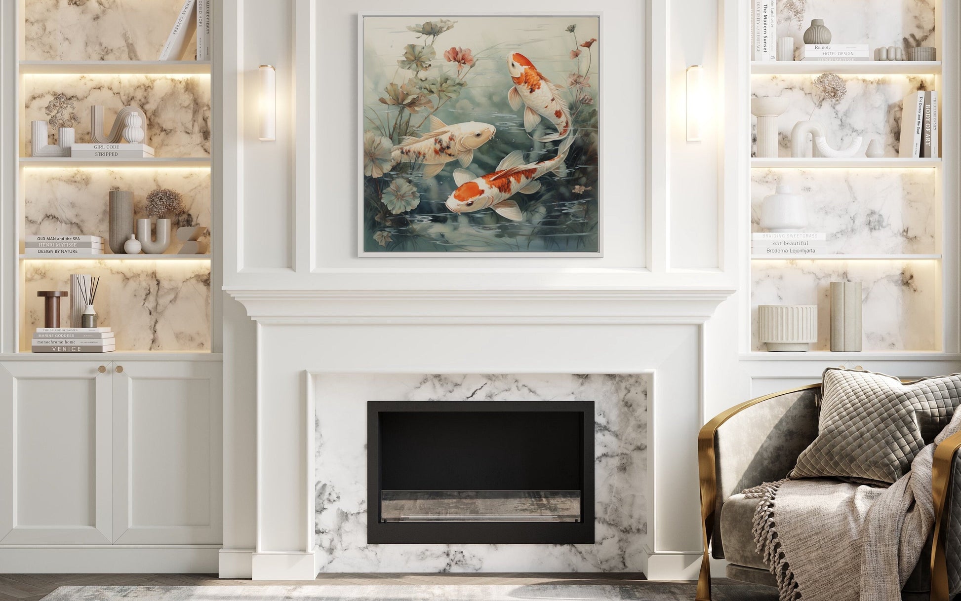 Koi Fish In Sage Green Pond Zen Square Framed Canvas Wall Art