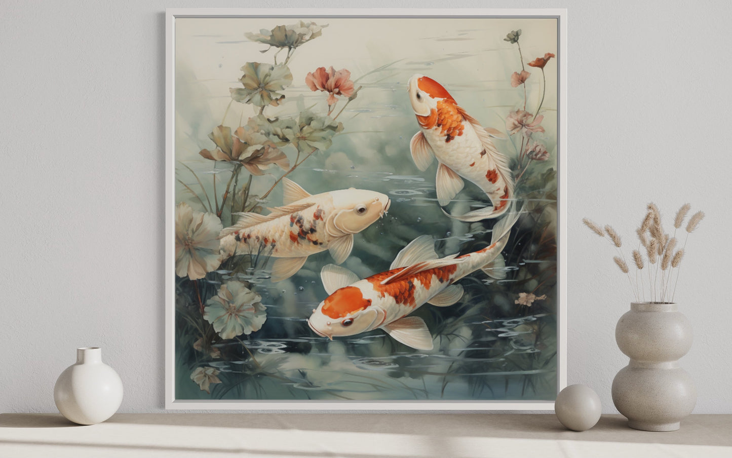 Koi Fish In Sage Green Pond Zen Square Framed Canvas Wall Art