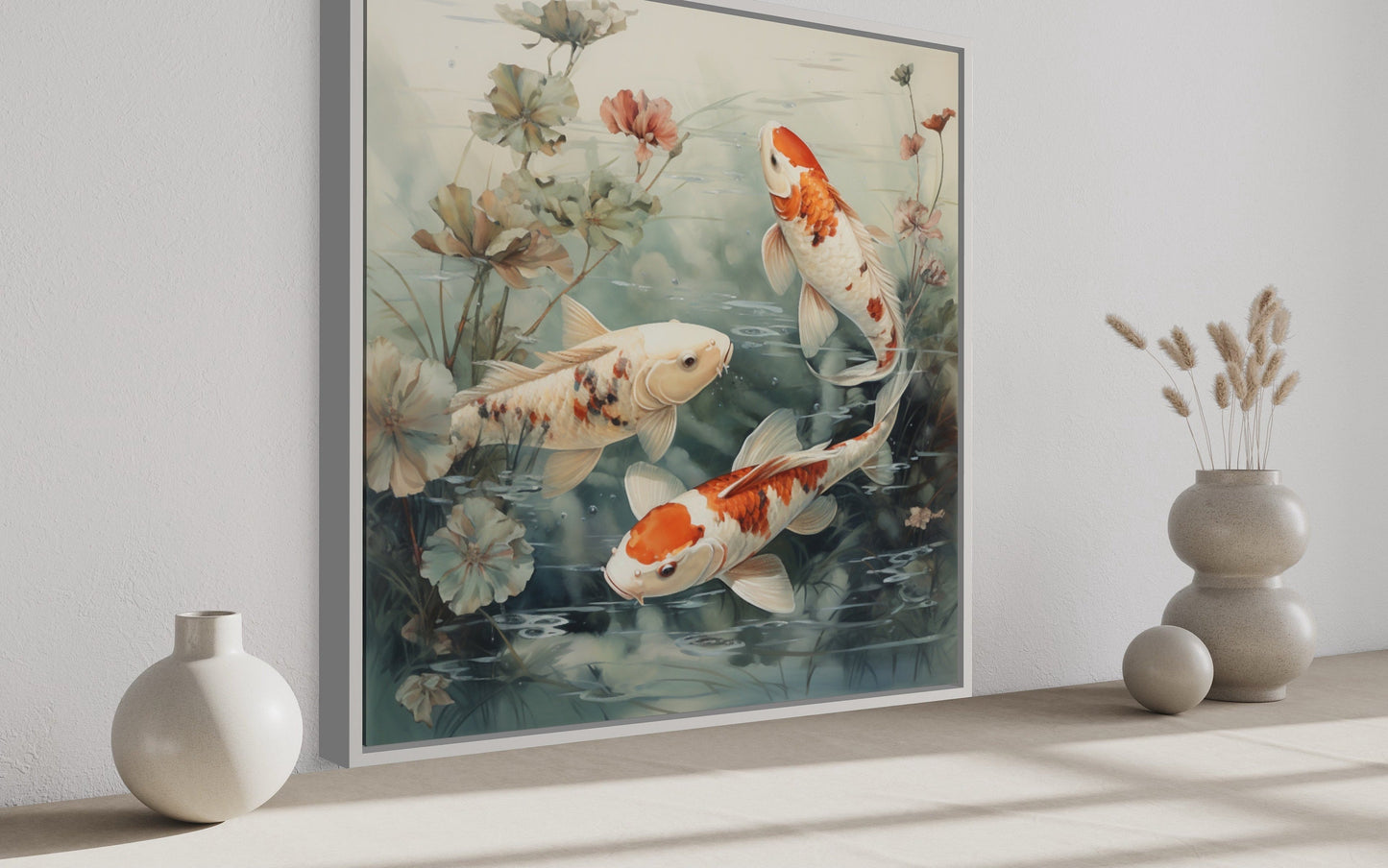 Koi Fish In Sage Green Pond Zen Square Framed Canvas Wall Art