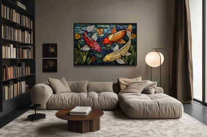 Koi Fish In Stained Glass Style Framed Canvas Wall Art