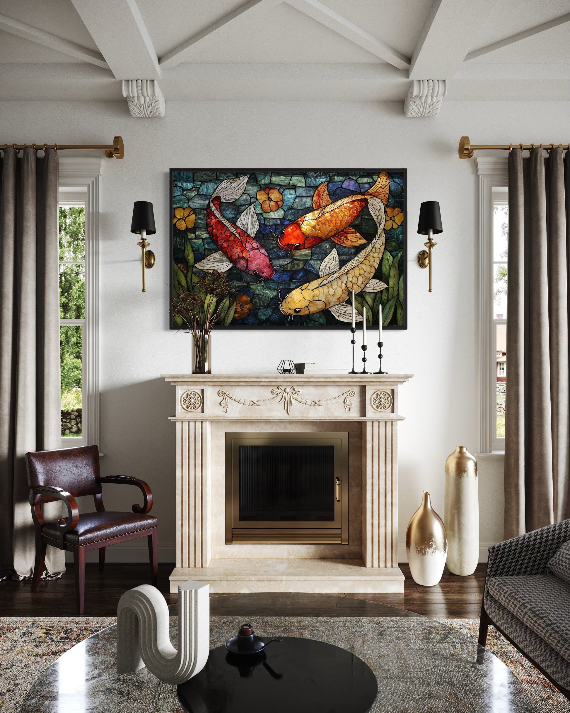 Koi Fish In Stained Glass Style Framed Canvas Wall Art