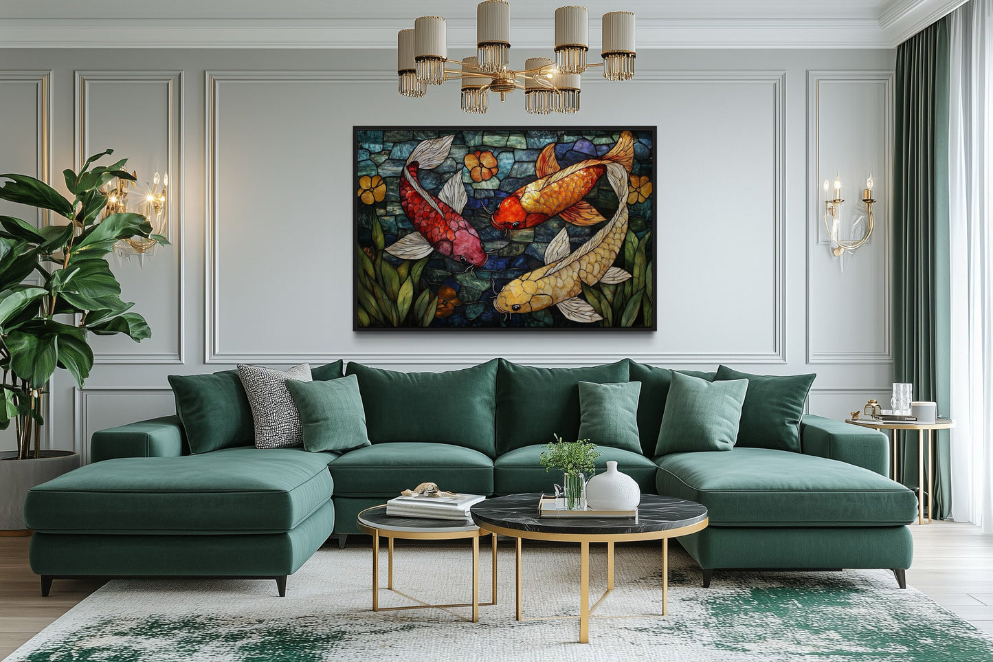 Koi Fish In Stained Glass Style Framed Canvas Wall Art