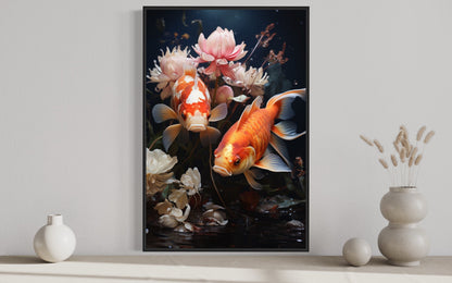 Koi Fish With Flowers Feng Shui Framed Canvas Wall Art