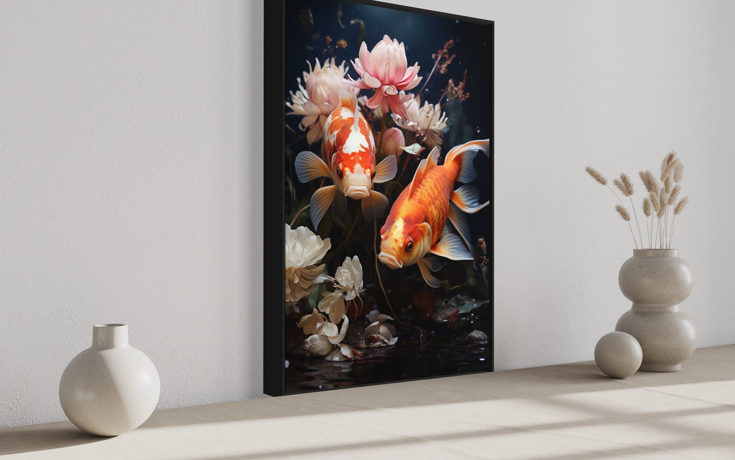 Koi Fish With Flowers Feng Shui Framed Canvas Wall Art