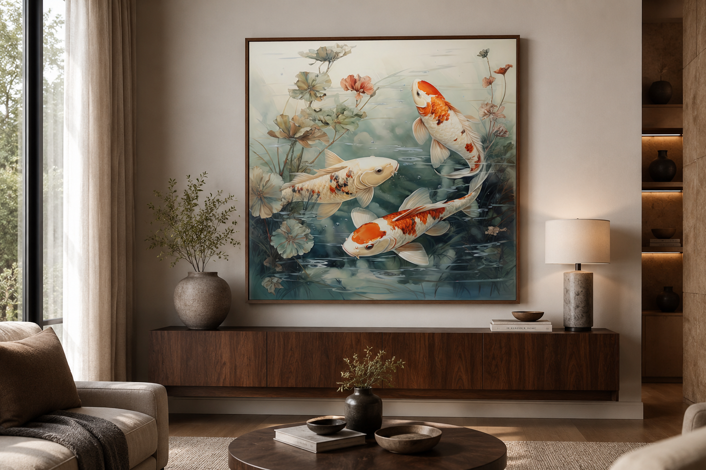 Koi Fish In Sage Green Pond Zen Square Framed Canvas Wall Art