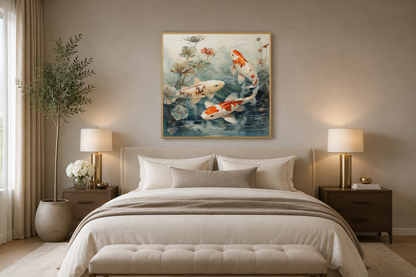Koi Fish In Sage Green Pond Zen Square Framed Canvas Wall Art