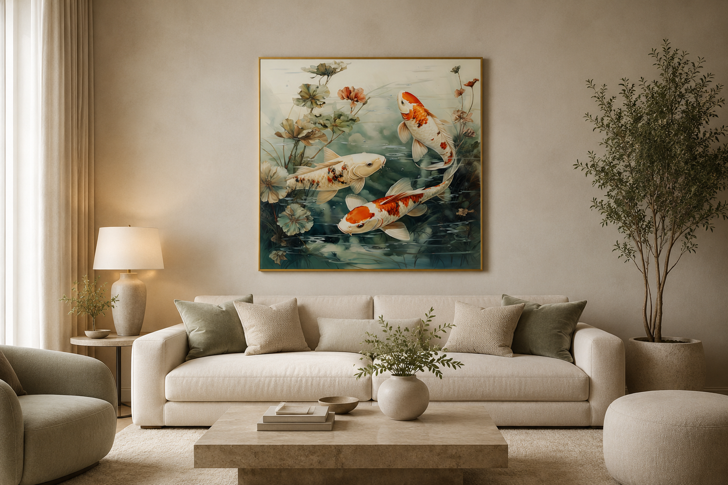 Koi Fish In Sage Green Pond Zen Square Framed Canvas Wall Art