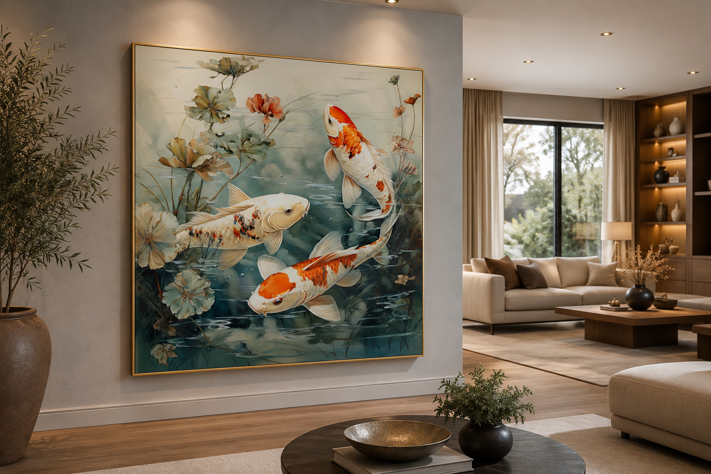Koi Fish In Sage Green Pond Zen Square Framed Canvas Wall Art