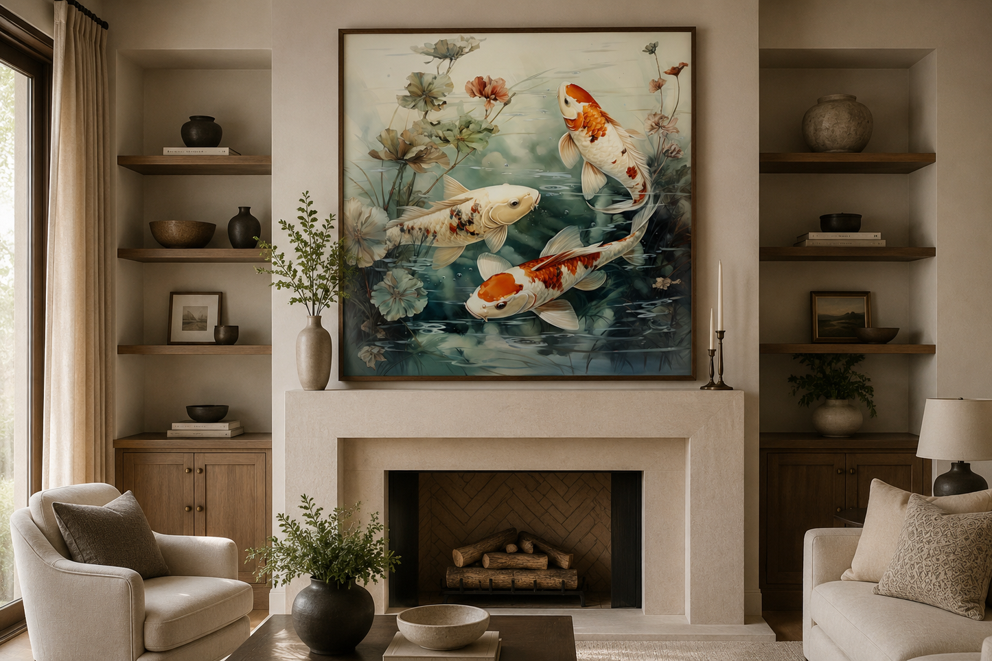 Koi Fish In Sage Green Pond Zen Square Framed Canvas Wall Art