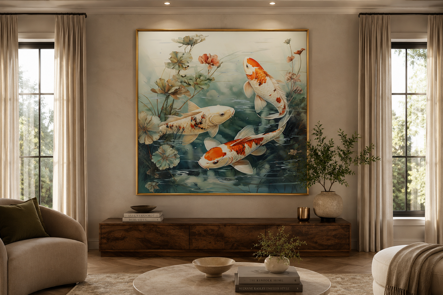 Koi Fish In Sage Green Pond Zen Square Framed Canvas Wall Art