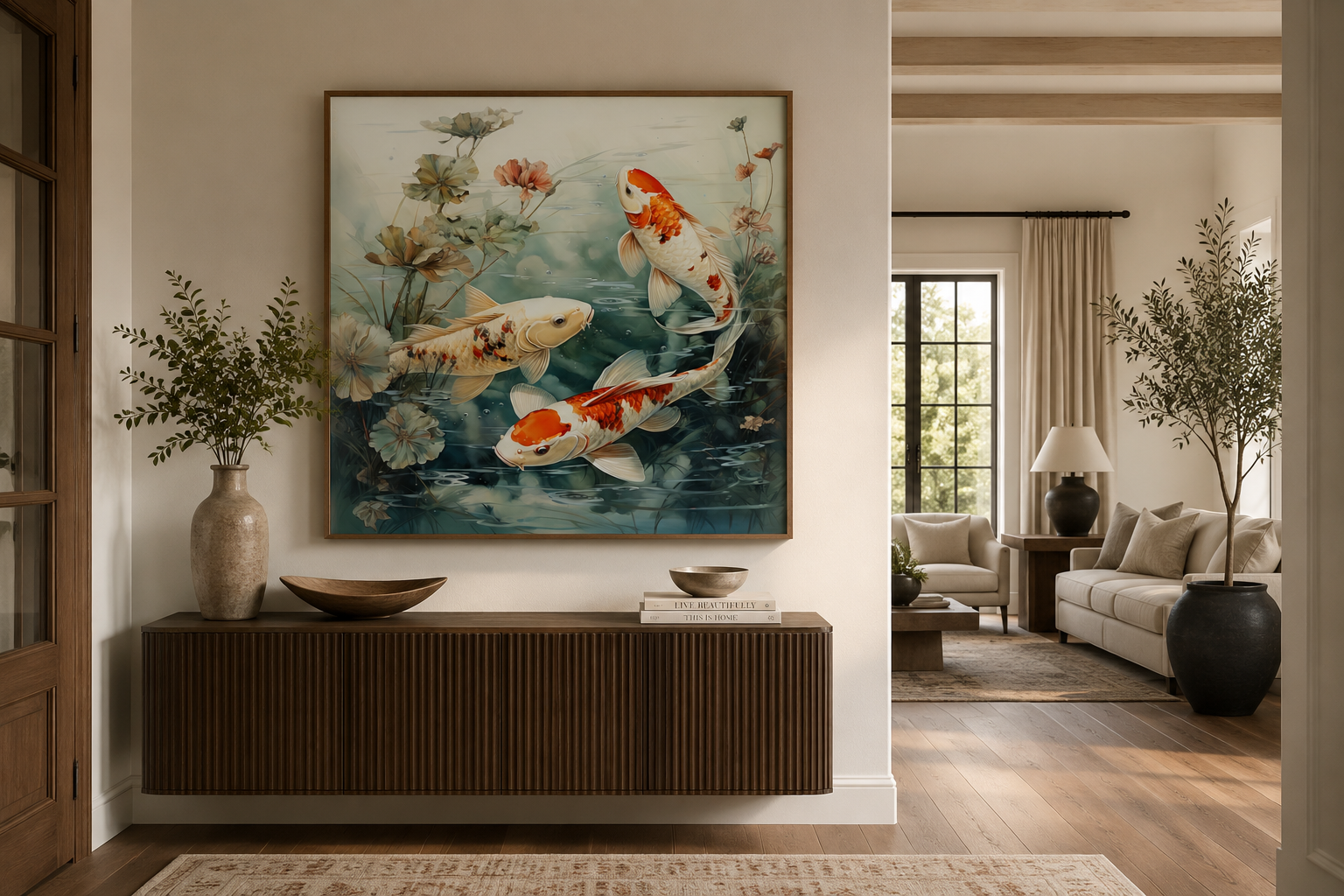 Koi Fish In Sage Green Pond Zen Square Framed Canvas Wall Art