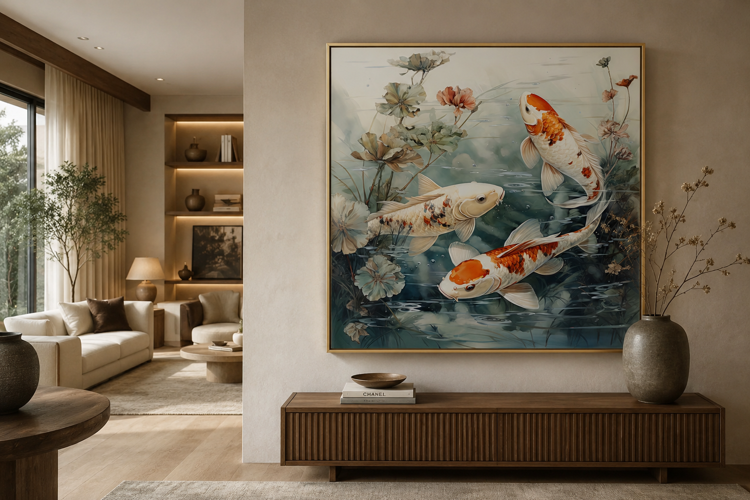 Koi Fish In Sage Green Pond Zen Square Framed Canvas Wall Art