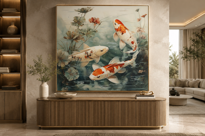 Koi Fish In Sage Green Pond Zen Square Framed Canvas Wall Art