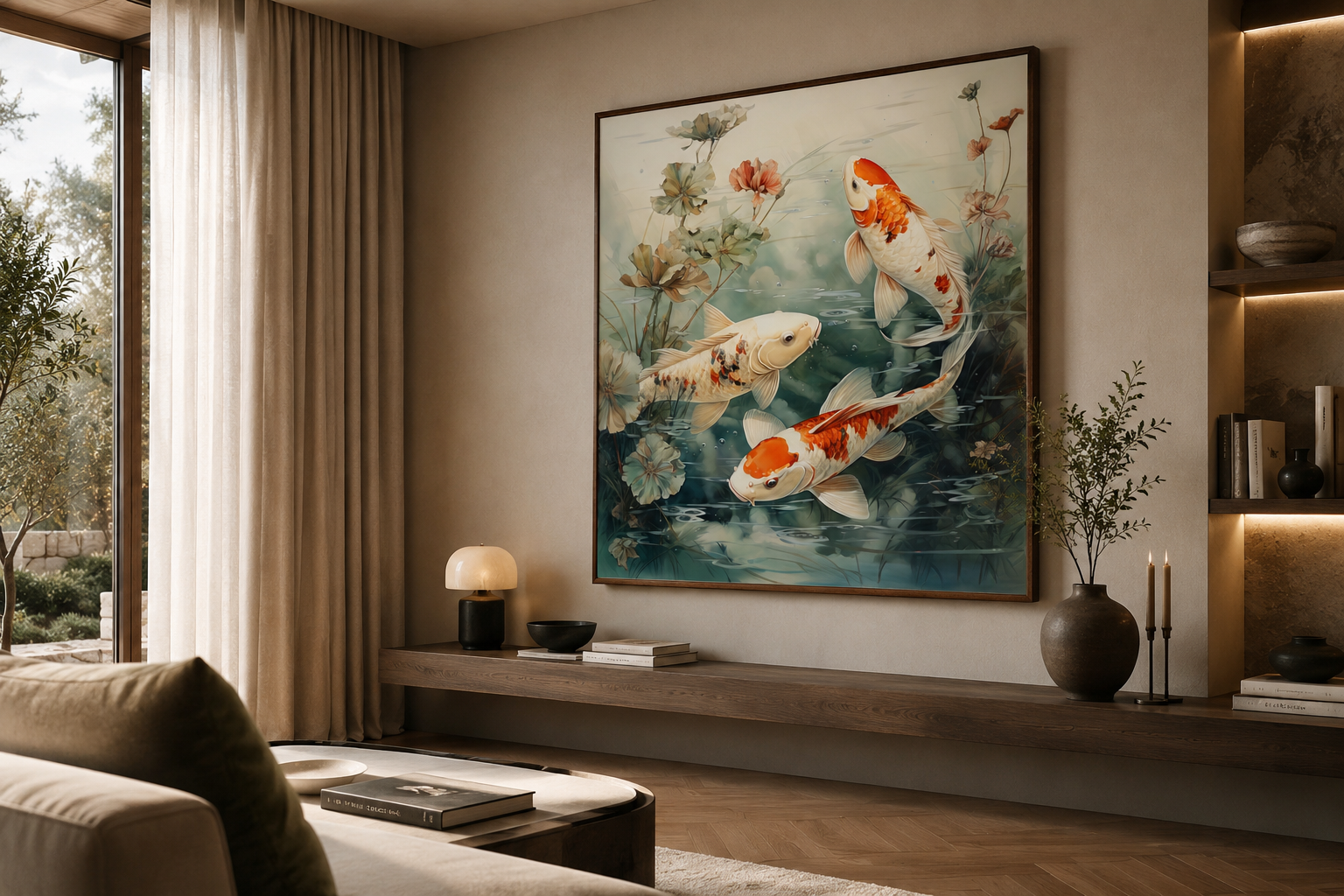 Koi Fish In Sage Green Pond Zen Square Framed Canvas Wall Art