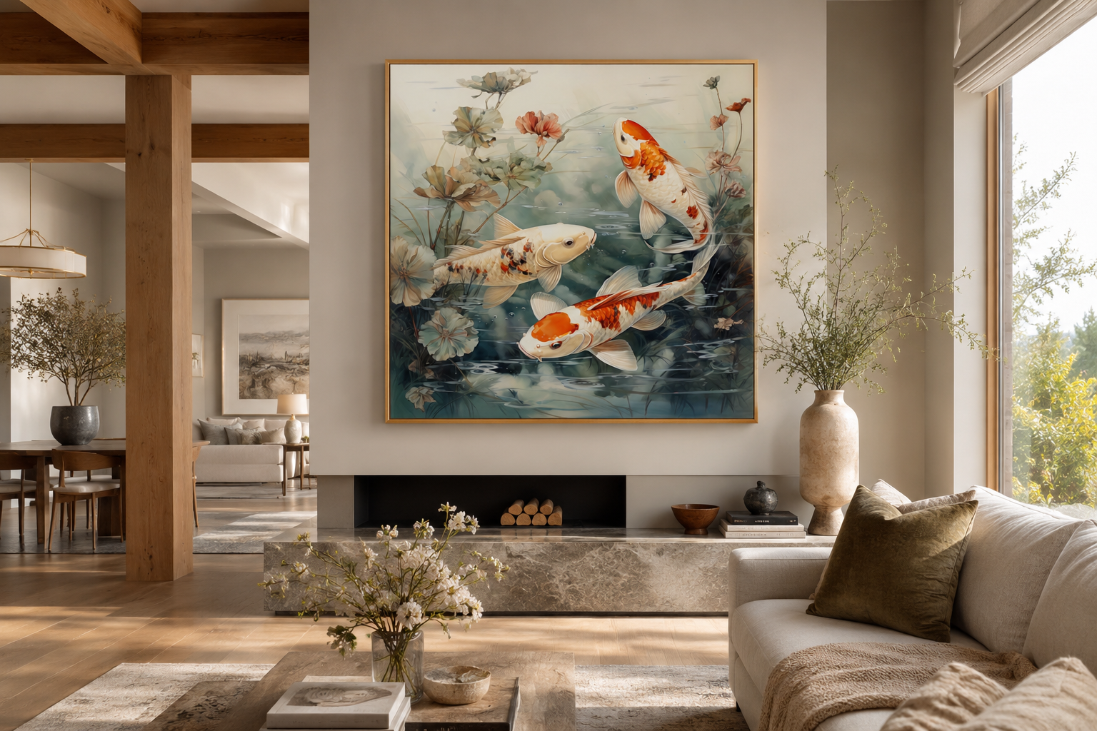 Koi Fish In Sage Green Pond Zen Square Framed Canvas Wall Art