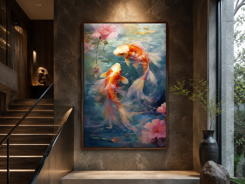 Koi Fish Zen Japanese Framed Canvas Wall Art