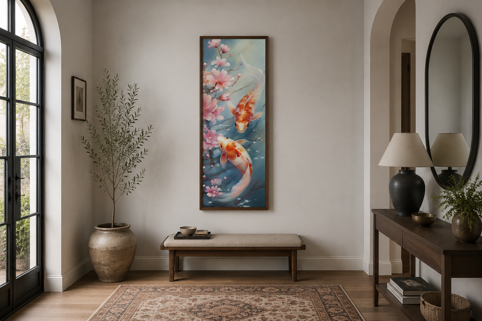 Tall Narrow Zen Koi Fish Vertical Framed Canvas Wall Art