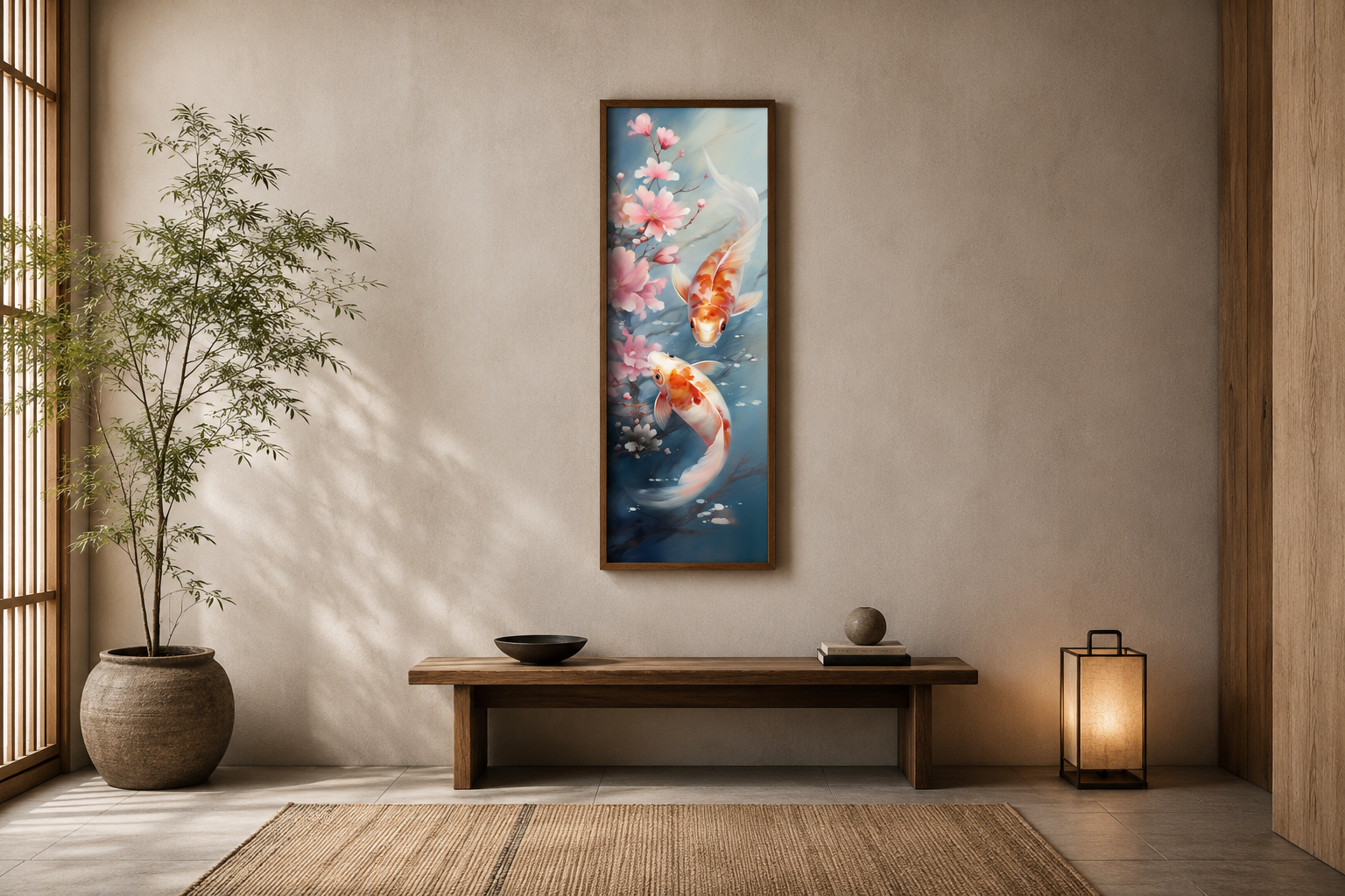 Tall Narrow Zen Koi Fish Vertical Framed Canvas Wall Art