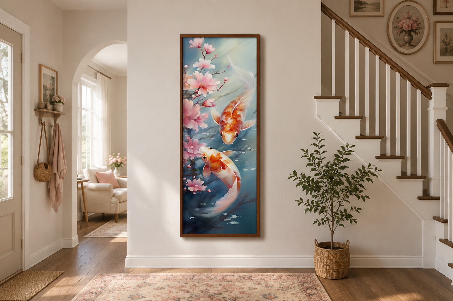Tall Narrow Zen Koi Fish Vertical Framed Canvas Wall Art
