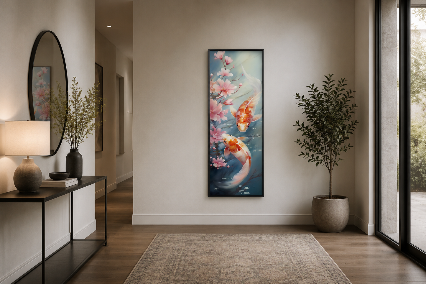 Tall Narrow Zen Koi Fish Vertical Framed Canvas Wall Art
