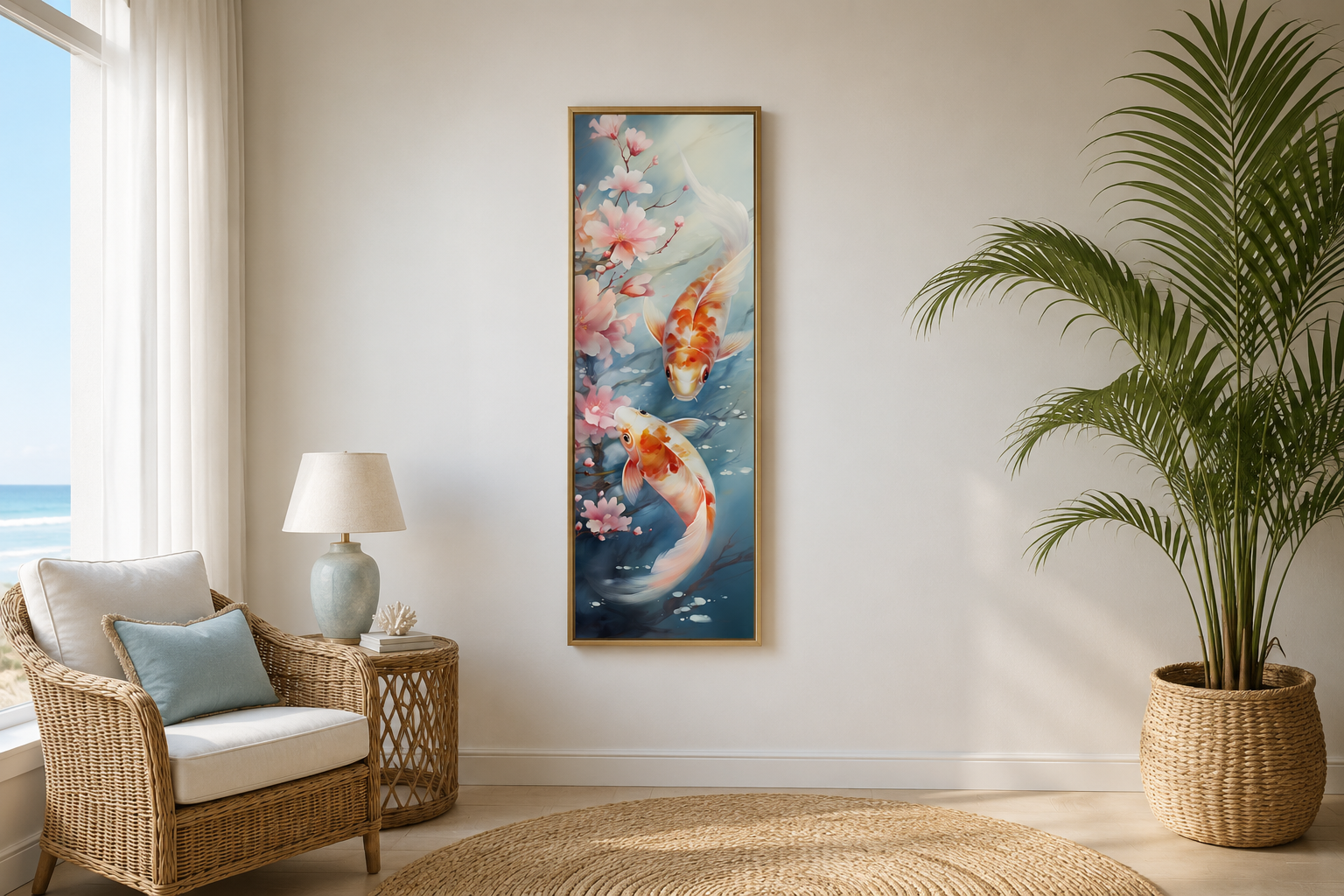 Tall Narrow Zen Koi Fish Vertical Framed Canvas Wall Art