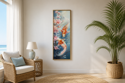 Tall Narrow Zen Koi Fish Vertical Framed Canvas Wall Art