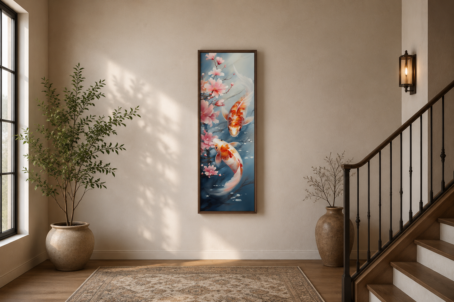 Tall Narrow Zen Koi Fish Vertical Framed Canvas Wall Art