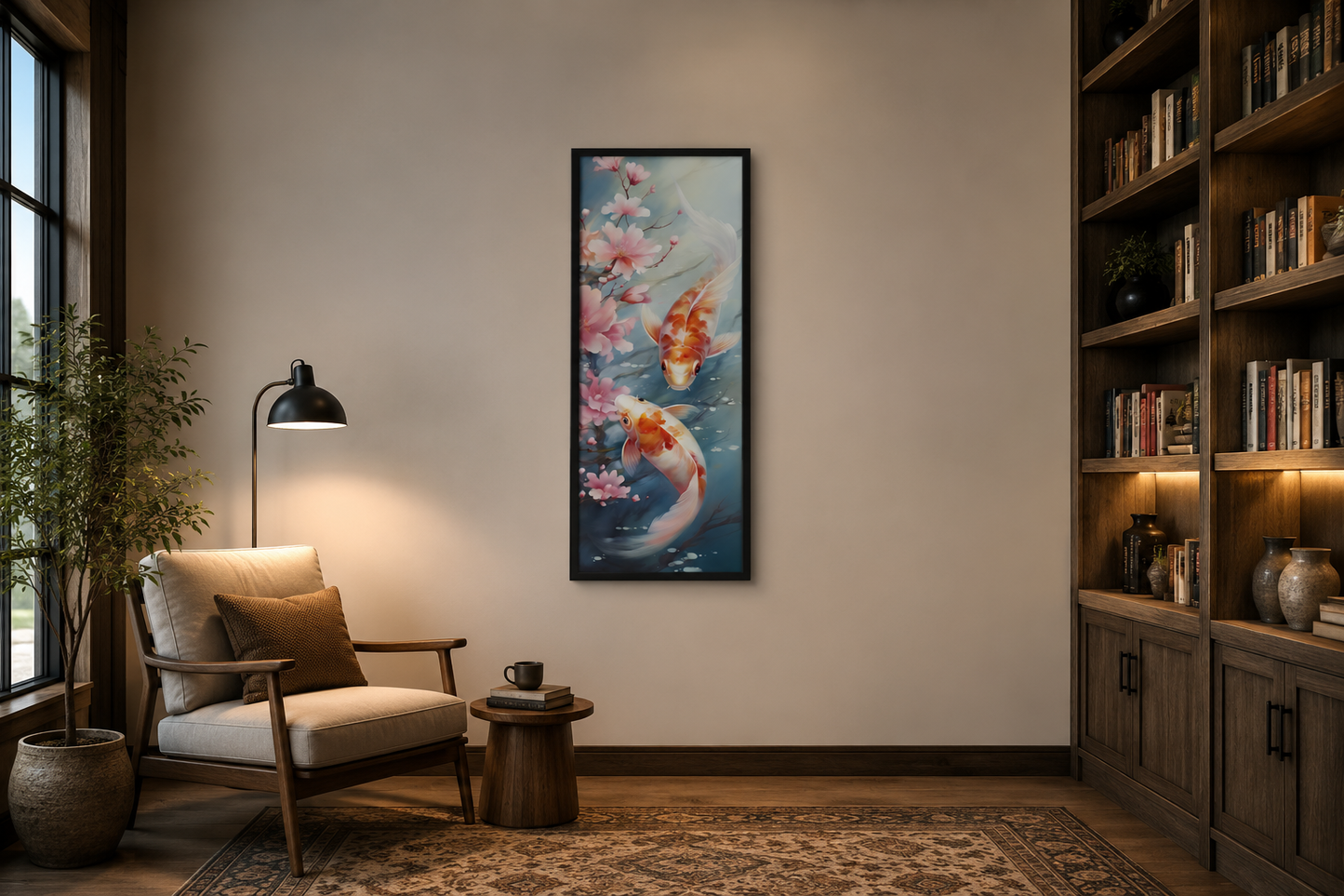 Tall Narrow Zen Koi Fish Vertical Framed Canvas Wall Art