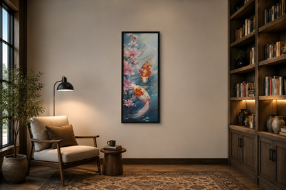 Tall Narrow Zen Koi Fish Vertical Framed Canvas Wall Art