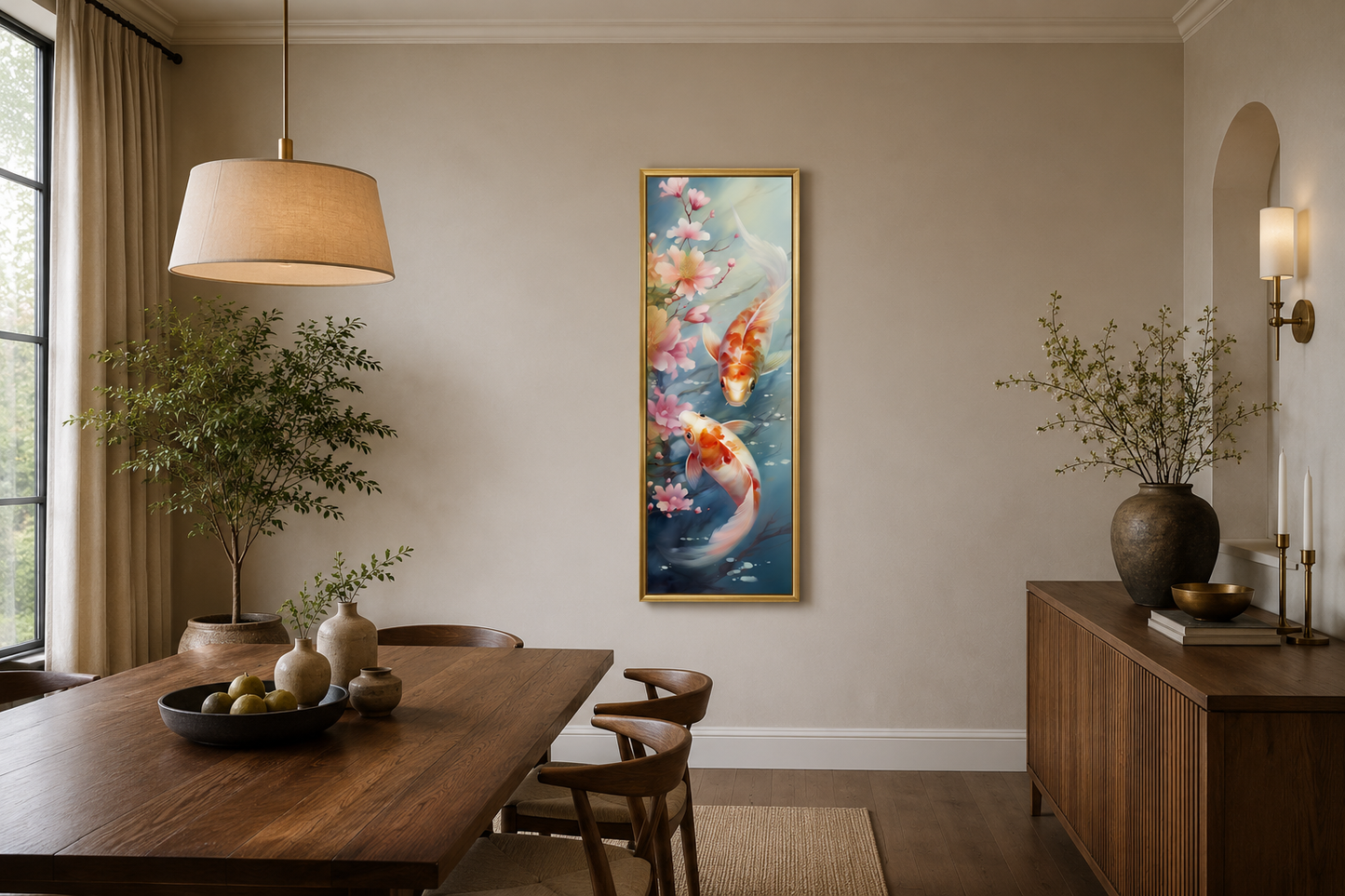 Tall Narrow Zen Koi Fish Vertical Framed Canvas Wall Art