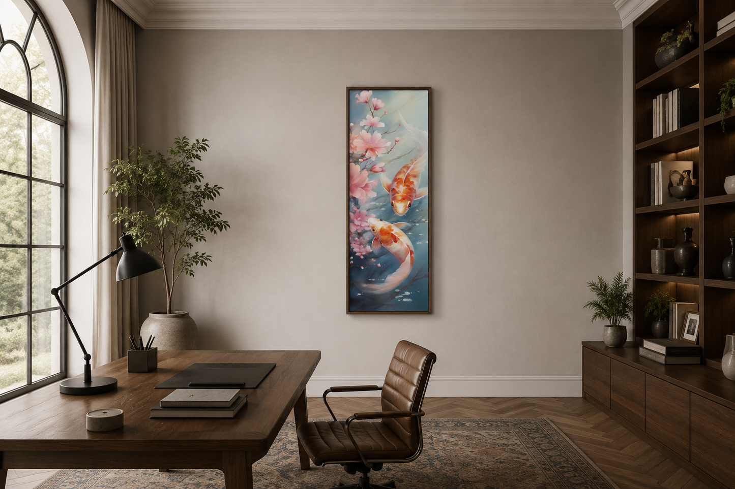Tall Narrow Zen Koi Fish Vertical Framed Canvas Wall Art