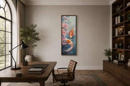 Tall Narrow Zen Koi Fish Vertical Framed Canvas Wall Art