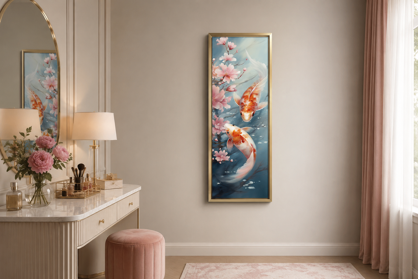 Tall Narrow Zen Koi Fish Vertical Framed Canvas Wall Art