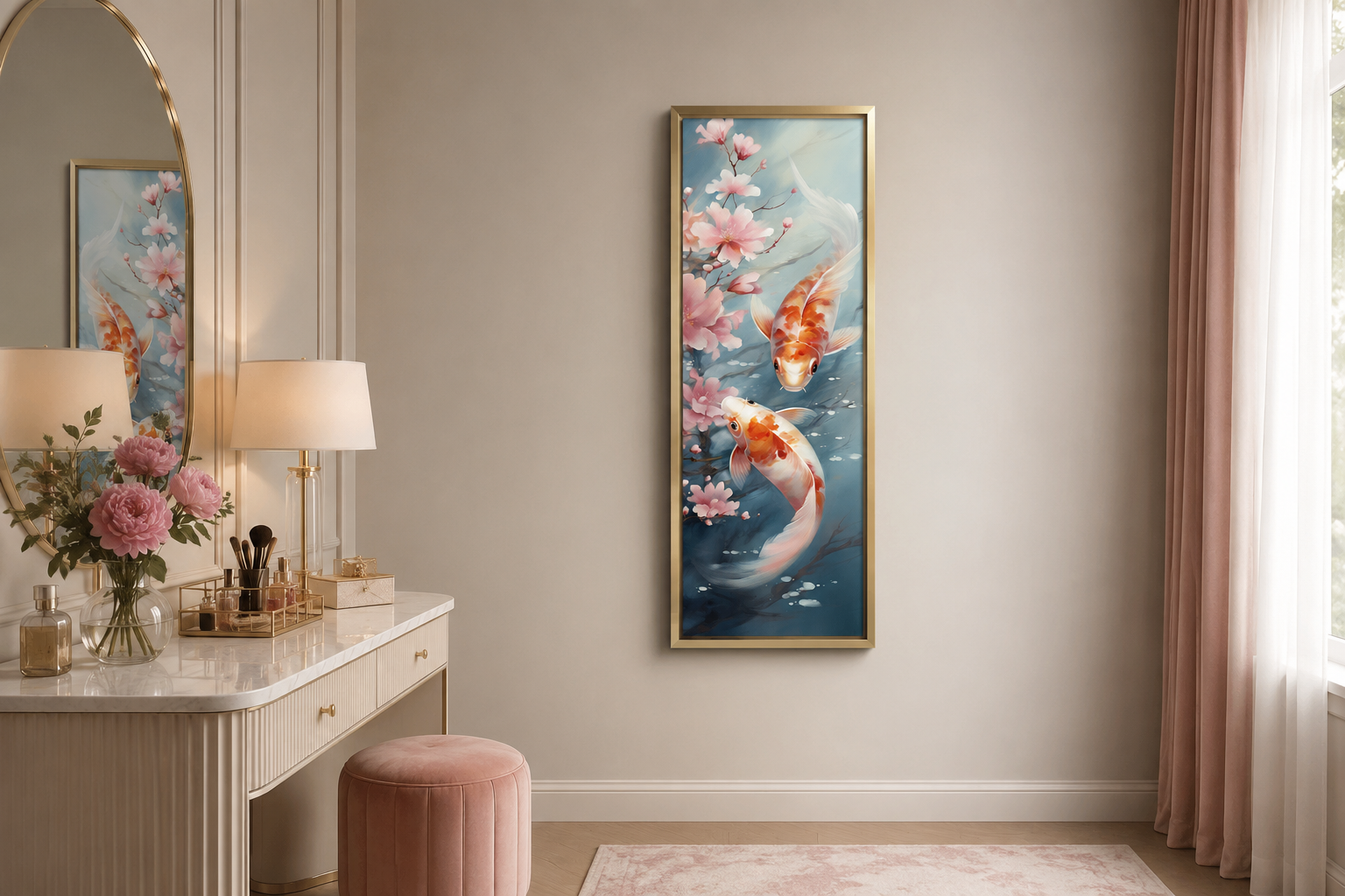 Tall Narrow Zen Koi Fish Vertical Framed Canvas Wall Art