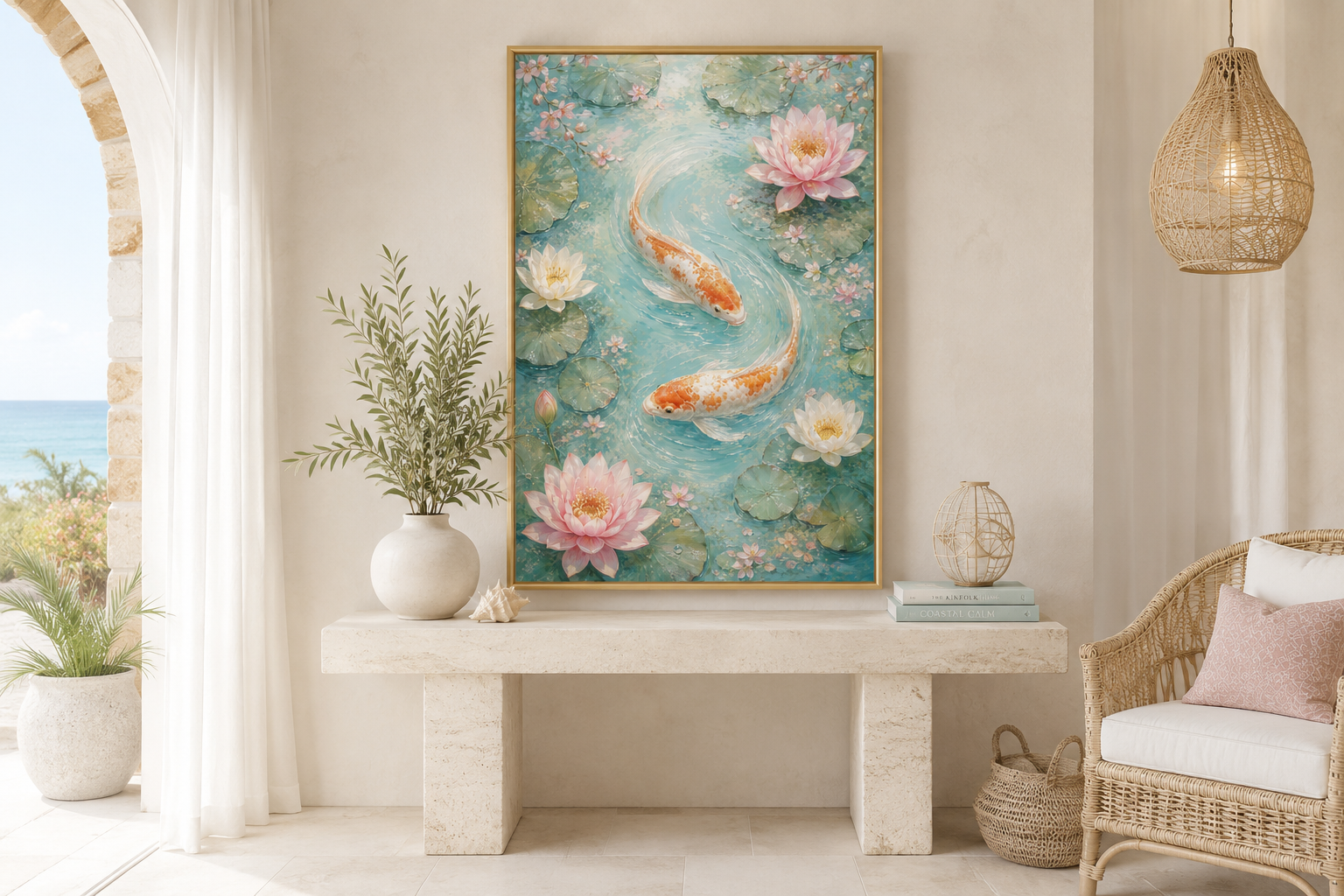 Koi Fish and Water Lilies Vertical Canvas Wall Art For Zen Rooms