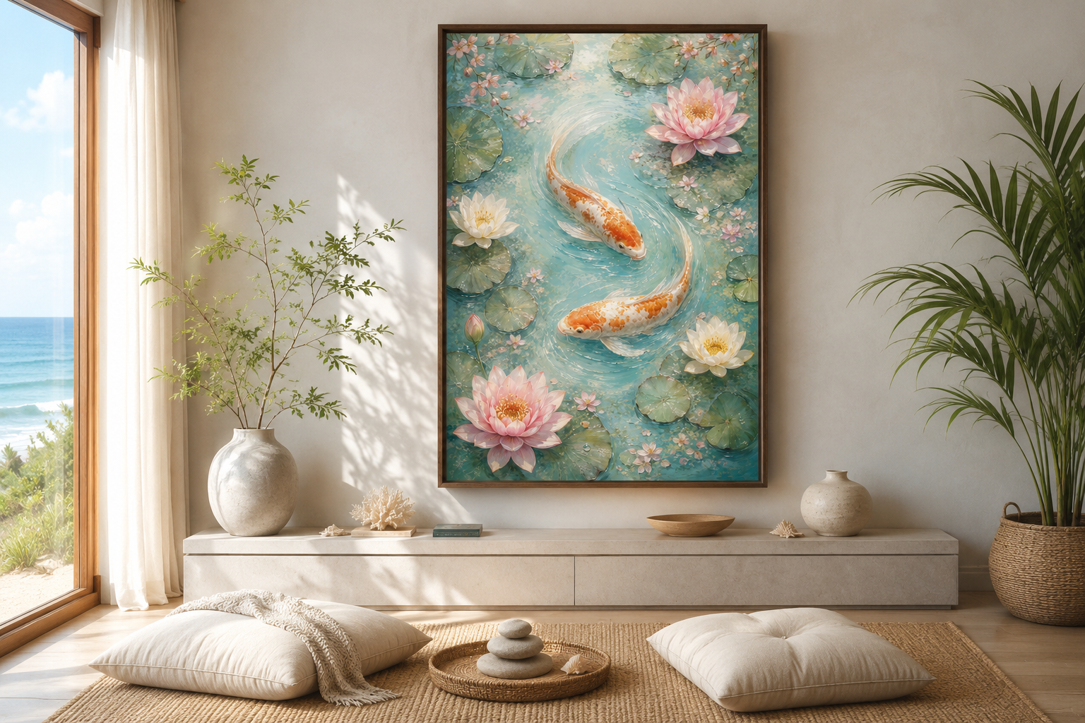 Koi Fish and Water Lilies Vertical Canvas Wall Art For Zen Rooms